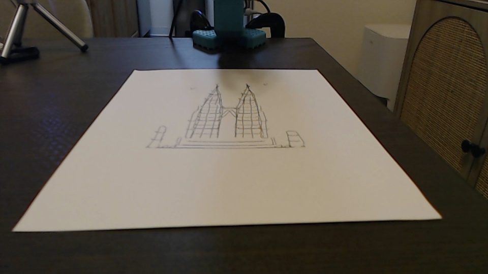 Petronas Twin Towers sketch drawn by the SO101 arm on paper